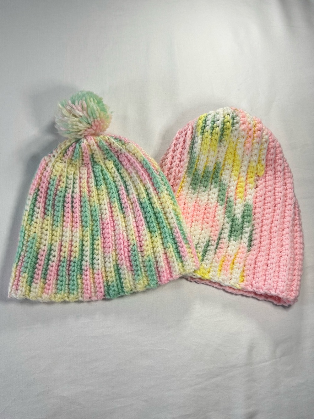 Handmade Lot of 2 Crocheted Pastel Beanie Hats Pink Green Yellow White